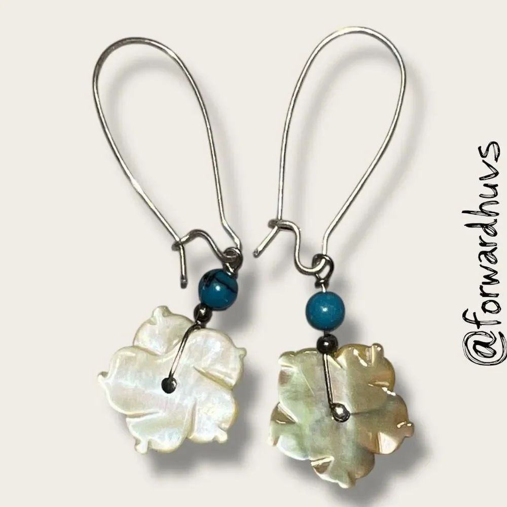 Hand-Carved Mother of Pearl Earrings – Turquoise & Black Accents - Picture 5 of 6
